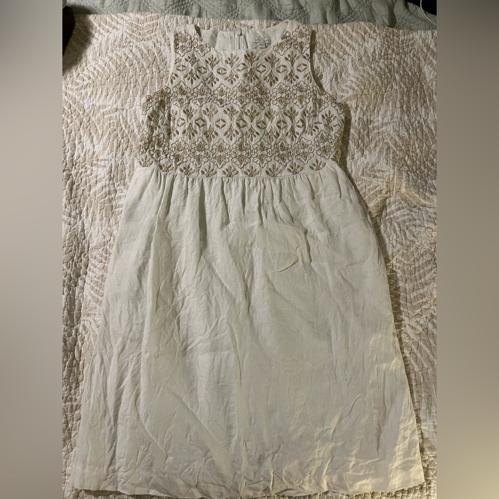 J Jill Linen Embroidered Cream Sleeveless Dress